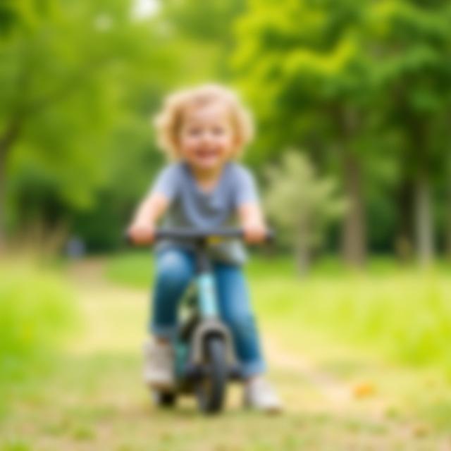 Enfant souriant sur une petite draisienne électrique dans un parc.